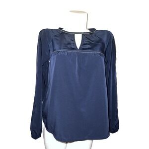 Massimo Dutti Navy Blue Satin Cold Shoulder Blouse Gold Chain Trim Top